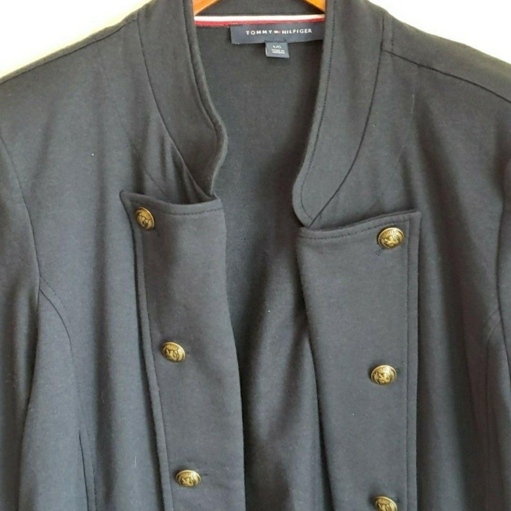 Tommy Hilfiger Jacket Womens Large‎ Blue Knit Military Gold Button Logo